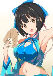 Rule 34 | 1girl, :d, absurdres, arm up, armpits, black hair, blue ribbon, blush, bow, breasts, brown eyes, cleavage, detached sleeves, floral print, hair bow, hand fan, highres, holding, holding fan, idolmaster, idolmaster cinderella girls, long sleeves, looking at viewer, medium breasts, navel, nemo 1988, open mouth, ribbon, short hair, simple background, sleeveless, smile, solo, takafuji kako, tareme, upper body, yellow background