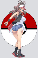 Rule 34 | 1girl, bare legs, baseball cap, black wristband, blue eyes, blue shorts, breasts, brown hair, creatures (company), curvy, floating hair, full body, game freak, hat, highres, hilda (pokemon), holding, holding poke ball, kouno (masao), leaning forward, long hair, looking at viewer, looking back, medium breasts, nintendo, poke ball, poke ball (basic), poke ball print, pokemon, pokemon bw, print headwear, shirt, short shorts, shorts, simple background, smile, solo, standing, teeth, white hat, white shirt, wide hips