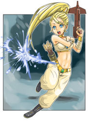Rule 34 | 1990s (style), 1girl, arrow (projectile), bare shoulders, blonde hair, blue eyes, boots, bow (weapon), choker, chrono (series), chrono trigger, crossbow, female focus, full body, highres, long hair, marle (chrono trigger), midriff, open mouth, ponytail, quiver, shitabuchi01, solo, weapon, wristband