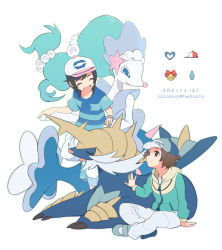 Rule 34 | 2boys, :d, alternate color, artist name, baseball cap, black hair, blue jacket, brown eyes, brown hair, capri pants, closed eyes, closed mouth, cocoloco, creatures (company), dated, elio (pokemon), game freak, gen 5 pokemon, gen 7 pokemon, hat, heart, hilbert (pokemon), jacket, long sleeves, male focus, multiple boys, nintendo, open mouth, pants, pokemon, pokemon (creature), pokemon masters ex, primarina, samurott, shirt, shoes, short hair, short sleeves, sitting, smile, striped clothes, striped shirt, teeth, tongue, upper teeth only, white headwear, white pants, z-ring, zipper pull tab