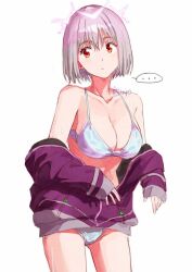... 1girl bikini breasts cleavage collarbone commentary cowboy_shot gridman_universe halo jacket large_breasts long_sleeves looking_to_the_side off_shoulder pink_hair purple_jacket red_eyes risyo shinjou_akane short_hair signature solo speech_bubble ssss.gridman swimsuit symbol-only_commentary wet white_background white_bikini