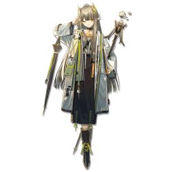 Rule 34 | 1girl, arknights, belt, blonde hair, boots, choker, closed umbrella, collarbone, contrapposto, floating, green ribbon, hair ornament, highres, holding, holding notepad, holding staff, hydrokinesis, id card, jacket, leaf hair ornament, long hair, long sleeves, looking at viewer, muelsyse (arknights), norizc, notepad, official art, one eye closed, pocket, pointy ears, ribbon, salute, skirt, smile, solo, staff, straight hair, umbrella, umbrella on arm, water, wide sleeves, yellow eyes