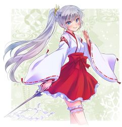 Rule 34 | 1girl, alternate costume, blue eyes, blush, breasts, bridal garter, earrings, facing viewer, frilled skirt, frills, hair ornament, hand up, happy, highres, holding, holding sword, holding weapon, iesupa, japanese clothes, jewelry, jpeg artifacts, kimono, long hair, long sleeves, looking at viewer, miko, myrtenaster, parted lips, ponytail, red skirt, rwby, scar, scar across eye, scar on face, shide, side ponytail, skirt, smile, solo, standing, sword, tiara, very long hair, weapon, weiss schnee, white hair, wide sleeves
