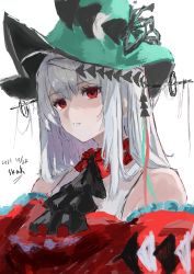 Rule 34 | 1girl, absurdres, aqua hat, arknights, ascot, black ascot, breasts, character name, dated, detached sleeves, dress, hat, headgear, highres, km (k74870537), long hair, looking at viewer, official alternate costume, red dress, red eyes, red sleeves, silver hair, simple background, skadi (arknights), skadi the corrupting heart (arknights), solo, upper body, very long hair, white background