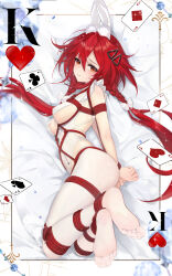 Rule 34 | 1girl, absurdres, animal ears, bdsm, blush, bondage, bound, breasts, cosplay request, detached collar, fake animal ears, full body, hair ornament, hairclip, highres, king (playing card), king of hearts (playing card), leotard, long hair, medium breasts, meisansan, neptune (series), pantyhose, playboy bunny, rabbit ears, red eyes, red hair, restrained, shibari, shin jigen game neptune vii, sideboob, solo, tennouboshi uzume, twintails, very long hair, white pantyhose