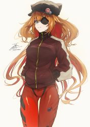 Rule 34 | 1girl, blue eyes, bodysuit, bodysuit under clothes, breasts, brown hair, eyepatch, fadingz, gluteal fold, hair between eyes, hands in pockets, hat, highres, long hair, medium breasts, neon genesis evangelion, plugsuit, rebuild of evangelion, red bodysuit, signature, solo, souryuu asuka langley, thighs, two side up, white background