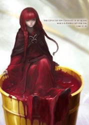 Rule 34 | 1girl, bible verse, blood, blunt bangs, braid, brooch, butterfly brooch, capelet, cup, dress, english text, fata morgana no yakata, highres, in container, in cup, jewelry, long hair, long sleeves, looking at viewer, morgana (fata morgana no yakata), moyatarou, official art, red dress, red hair, solo, twin braids, yellow eyes