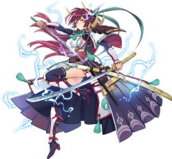 Rule 34 | 1girl, ark order, artist request, black skirt, boots, breasts, dual wielding, electricity, full body, green ribbon, headband, holding, holding sword, holding weapon, horns, katana, large breasts, long hair, long sleeves, looking at viewer, obi, obijime, official art, purple hair, red sash, ribbon, ribbon-trimmed footwear, ribbon trim, sarashi, sash, sheath, sideboob, sidelocks, skirt, solo, sword, tachi-e, takemikazuchi (ark order), tassel, thigh boots, thighhighs, transparent background, unsheathing, weapon, yellow eyes