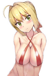 Rule 34 | 1girl, ahoge, bad id, bad pixiv id, bare shoulders, bikini, blonde hair, blush, braid, breasts, cleavage, collarbone, criss-cross halter, fate/extra, fate (series), french braid, frown, green eyes, hair intakes, halterneck, highres, large breasts, looking at viewer, nero claudius (fate), nero claudius (fate) (all), nero claudius (fate/extra), official alternate costume, red bikini, shiny clothes, short hair, sideboob, sikijou77o, simple background, slingshot swimsuit, solo, swimsuit, upper body, white background