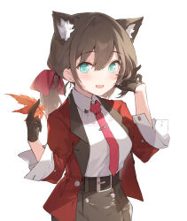Rule 34 | 1girl, animal ear fluff, animal ears, aqua eyes, belt, black belt, black gloves, blush, breasts, brown hair, cat ears, cat girl, collared shirt, commentary request, gloves, hair between eyes, hair ribbon, highres, holding, holding leaf, jacket, leaf, long hair, long sleeves, looking at viewer, medium breasts, miya kazutomo, necktie, open clothes, open mouth, original, ponytail, red jacket, red necktie, red ribbon, ribbon, shirt, simple background, solo, white background, white shirt