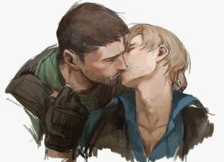 Rule 34 | 2boys, adam&#039;s apple, beard stubble, black gloves, black hair, blue shirt, brown hair, bulletproof vest, chris redfield, closed eyes, collared shirt, couple, cropped torso, facial hair, fingerless gloves, gloves, green shirt, head tilt, highres, imminent kiss, jianghesongmu, leon s. kennedy, male focus, mature male, multiple boys, open mouth, resident evil, resident evil 6, shirt, shirt tug, short hair, simple background, sparse stubble, stubble, thick eyebrows, unfinished, white background, yaoi