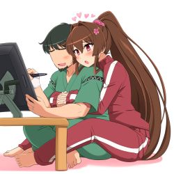 Rule 34 | 10s, 1boy, 1girl, artist self-insert, bad id, bad pixiv id, barefoot, black hair, brown hair, heart, height difference, hetero, highres, hug, hug from behind, indian style, jewelry, kantai collection, long hair, ponytail, red eyes, ring, shin&#039;en-san (shin&#039;en), shin&#039;en (gyokuro company), simple background, sitting, track suit, very long hair, wedding band, white background, yamato (kancolle)