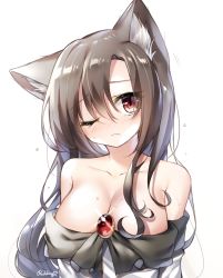 Rule 34 | 1girl, ;(, animal ear fluff, animal ears, artist name, bad id, bad pixiv id, bare shoulders, blush, breasts, brown hair, cleavage, collarbone, commentary request, dress, hair between eyes, highres, imaizumi kagerou, large breasts, long hair, looking at viewer, nose blush, off-shoulder dress, off shoulder, pudding (skymint 028), red eyes, signature, simple background, solo, sweat, tears, touhou, upper body, white background, white dress, wolf ears