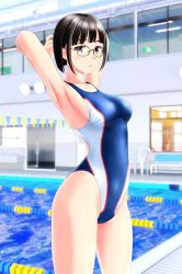 Rule 34 | 1girl, absurdres, armpits, arms behind head, bench, black hair, blue one-piece swimsuit, blunt bangs, brown eyes, commentary request, competition swimsuit, cowboy shot, glasses, highres, indoors, lane line, looking at viewer, multicolored clothes, multicolored swimsuit, one-piece swimsuit, original, pool, short hair, solo, standing, swimsuit, takafumi, two-tone swimsuit