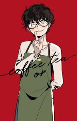 Rule 34 | 1boy, amamiya ren, apron, bishounen, black hair, blush, collarbone, finger to mouth, glasses, green apron, long sleeves, male focus, oneroom-disco, pants, parted lips, persona, persona 5, red background, shirt, short hair, shushing, simple background, solo, standing, white pants, white shirt