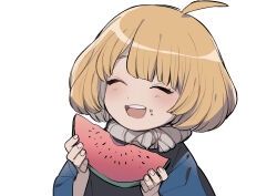 Rule 34 | 1girl, :d, absurdres, blush, closed eyes, commentary request, dr. stone, eating, facing viewer, food, fruit, highres, holding, holding food, holding fruit, kojirou (kojirou sousaku), open mouth, simple background, smile, solo, suika (dr. stone), watermelon, white background