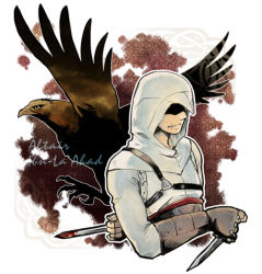 Rule 34 | 1boy, altair ibn la-ahad, animal, arm behind back, assassin&#039;s creed, assassin&#039;s creed (series), bird, blood, bloody weapon, brown gloves, character name, dagger, eagle, english text, fingerless gloves, gloves, concealed weapon, hidden blade (assassin&#039;s creed), holding, holding dagger, holding knife, holding weapon, hood, hood up, jacket, knife, long sleeves, male focus, outline, sash, shaded face, solo, standing, tatsuri (forest penguin), upper body, weapon, white jacket, white outline