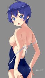 Rule 34 | 1girl, :o, adjusting clothes, adjusting swimsuit, ass, bad id, bad twitter id, blue eyes, blue hair, breasts, clothes pull, competition school swimsuit, gomashi (goma), kamishiro sui, looking at viewer, matching hair/eyes, nipples, one-piece swimsuit, one-piece swimsuit pull, school swimsuit, short hair, simple background, solo, strap slip, swimsuit, tokyo 7th sisters, twitter username