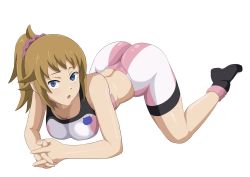 Rule 34 | 1girl, absurdres, all fours, ass, bare shoulders, bike shorts, blue eyes, breasts, brown hair, female focus, full body, gundam, gundam build fighters, gundam build fighters try, highres, hoshino fumina, iwao178, looking at viewer, midriff, open mouth, ponytail, simple background, solo, sports bra, sportswear, two-tone sports bra, white background