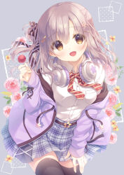 Rule 34 | 1girl, :d, black thighhighs, blue skirt, bow, breasts, brown eyes, brown hair, candy, collared shirt, commentary request, diagonal-striped bow, dress shirt, floral background, flower, food, grey background, hair bun, headphones, headphones around neck, holding, holding candy, holding food, holding lollipop, hood, hood down, hooded jacket, jacket, lollipop, long hair, long sleeves, looking at viewer, off shoulder, one side up, open clothes, open jacket, open mouth, original, pink flower, pink rose, plaid, plaid skirt, purple jacket, red bow, rose, shirt, single side bun, skirt, sleeves past wrists, small breasts, smile, solo, thighhighs, white shirt, yellow flower, yukie (peach candy)