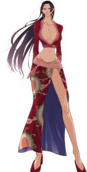 Rule 34 | 1girl, black hair, boa hancock, commentary, crop top, earrings, full body, high heels, highres, hime cut, jewelry, long hair, long sleeves, looking at viewer, one piece, pink sash, plunging neckline, red footwear, red shirt, red skirt, sash, shirt, side slit, simple background, skirt, snake earrings, solo, white background, yuu sz37