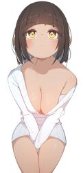 Rule 34 | 1girl, black hair, blush, breasts, cleavage, closed mouth, collarbone, copyright request, highres, long sleeves, looking up, medium breasts, off shoulder, rasusurasu, short hair, simple background, sitting, solo, sweater, thighs, white background, white sweater, yellow eyes