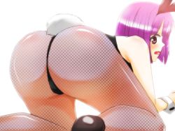 Rule 34 | 1girl, all fours, animal ears, ass, bent over, fake animal ears, female focus, fishnets, huge ass, leotard, open mouth, original, pantyhose, playboy bunny, purple hair, rabbit ears, rabbit tail, short hair, solo, tail, white background, wrist cuffs