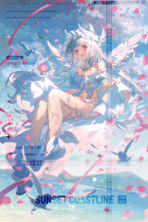 Rule 34 | 1girl, bare shoulders, bird, blue eyes, blue sky, breasts, chinese commentary, cleavage, cloud, commentary request, dress, english text, frills, full body, geye guagua, hair ornament, highres, leg ribbon, long hair, looking at viewer, mountainous horizon, navel, ocean, open mouth, original, outdoors, petals, ribbon, sky, smile, solo, sparkle, thighhighs, watermark, wings