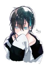Rule 34 | 1boy, black hair, blue eyes, blue hair, closed mouth, collarbone, commentary request, cropped torso, hair between eyes, hand up, jacket, long sleeves, looking away, looking to the side, male focus, mayuzumi kai, multicolored hair, nijisanji, one-hour drawing challenge, signature, simple background, sleeves past fingers, sleeves past wrists, sofra, solo, streaked hair, upper body, virtual youtuber, white background, white jacket