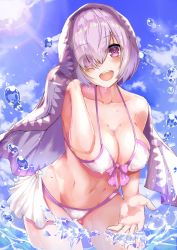 Rule 34 | 1girl, :d, bare arms, bare shoulders, bikini, blanket, blue sky, blush, bow, breasts, cleavage, cloud, collarbone, covered erect nipples, day, eyes visible through hair, fate/grand order, fate (series), front-tie bikini top, front-tie top, gluteal fold, hair over one eye, head tilt, highres, large breasts, leaning forward, lens flare, light purple hair, light rays, looking at viewer, mash kyrielight, navel, nigouu, official alternate costume, open mouth, pink bow, purple eyes, round teeth, short hair, side-tie bikini bottom, sky, smile, solo, splashing, standing, stomach, sunbeam, sunlight, swimsuit, tareme, teeth, thighs, wading, water, water drop, white bikini