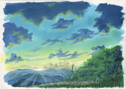Rule 34 | bad id, bad pixiv id, blue sky, bush, cloud, cloudy sky, commentary, day, gradient sky, grass, highres, mountain, no humans, original, outdoors, plant, sawitou mizuki, scenery, sky, sunrise, traditional media