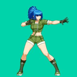 Rule 34 | 1girl, abs, aoi ship, blue eyes, blue hair, boots, breasts, combat boots, crop top, earrings, gloves, jewelry, large breasts, leona heidern, long hair, military, military uniform, muscular, muscular female, navel, pixel art, ponytail, simple background, snk, soldier, solo, the king of fighters, triangle earrings, uniform