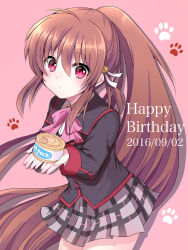 Rule 34 | 1girl, brown hair, can, daamiyan, happy birthday, little busters!, long hair, natsume rin, paw print, plaid, plaid skirt, ponytail, red eyes, school uniform, skirt, solo
