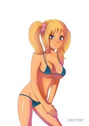 Rule 34 | 1girl, bikini, blonde hair, blue eyes, breasts, cleavage, eyeshadow, grasshopper manufacture, juliet starling, large breasts, light smile, lollipop chainsaw, long hair, makeup, scrunchie, short twintails, simple background, solo, swimsuit, twintails, vaultman, white background