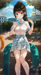 Rule 34 | 1girl, absurdres, black hair, blue eyes, blue skirt, breast pocket, breasts, collared shirt, day, food, haneiro, high-waist skirt, highres, holding, huion, kneehighs, long hair, looking at viewer, medium breasts, miniskirt, outdoors, parted lips, plaid, plaid skirt, playground, pleated skirt, pocket, ponytail, popsicle, school uniform, shirt, shirt tucked in, short sleeves, skirt, socks, solo, tree shade, white socks, white shirt