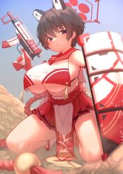 Rule 34 | 1girl, absurdres, akuma (st.takuma), animal ears, ballistic shield, black eyes, black hair, blue archive, blush, breast curtain, breasts, crop top, crop top overhang, elbow gloves, gloves, gun, hair between eyes, halo, highres, holding, holding gun, holding weapon, kneeling, large breasts, looking at viewer, parted lips, pleated skirt, raccoon ears, red gloves, red sailor collar, red skirt, revealing clothes, rock, rope, rope belt, sailor collar, shield, shimenawa, short hair, sideless outfit, simple background, skirt, skorpion vz. 61, solo, submachine gun, tassel, thighs, tsubaki (blue archive), two-tone shirt, underboob, weapon