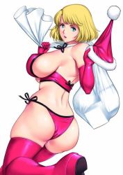 Rule 34 | 1girl, action pizazz, ass, blonde hair, boots, breasts, christmas, elbow gloves, gloves, green eyes, hat, large breasts, panties, sack, saigado, santa hat, short hair, side-tie panties, skindentation, solo, thigh boots, thighhighs, underwear