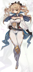 Rule 34 | 1girl, absurdres, alternate costume, belt, black belt, black bow, black gloves, blush, boots, bow, breasts, cameltoe, cape, capelet, cleavage, cleft of venus, closed mouth, clothing request, commentary request, cosplay, detached sleeves, eyepatch, fischl (genshin impact), floating hair, full body, genshin impact, gloves, green eyes, hair bow, hair over one eye, highres, huge filesize, jean (genshin impact), jean (genshin impact) (cosplay), knee boots, leg up, light brown hair, long hair, long sleeves, looking at viewer, medium breasts, pantyhose, resolution mismatch, revision, solo, source smaller, standing, torriet, two side up, white sleeves