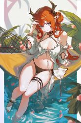 1girl ankle_cuffs arknights feet_in_water hammock highres horns lucasafontes navel red_hair solo surtr_(arknights) swimsuit