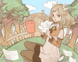 Rule 34 | 1girl, 9 (saki-ooo-kiyu), animal ears, bad id, bad pixiv id, bow, brown eyes, brown hair, brown pantyhose, female focus, flower, forest, hair bow, horns, house, japanese postal mark, layered sleeves, long sleeves, mailbox, nature, original, outdoors, pantyhose, paper, plant, postbox, short over long sleeves, short sleeves, sitting, sky, solo, tail, tree