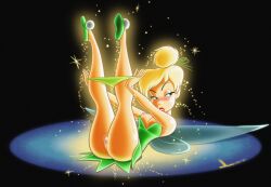 Rule 34 | 1girl, absurdres, artist logo, ass, bare arms, bare legs, bare shoulders, blonde hair, blue eyes, blush, breasts, clothes pull, colored skin, dated, disney, dltoon, dress, dress pull, eyebrows, eyelashes, eyelids, fairy, fairy wings, film grain, flats, glowing, green dress, green footwear, hair bun, hair tie, half-closed eyes, highres, insect wings, legs, legs up, light, lips, lipstick, looking to the side, lying, makeup, nipples, on back, open mouth, panties, panty pull, pixie dust, pussy, red lips, shoes, short dress, simple background, sparkle, strapless, strapless dress, thighs, tinker bell (disney), underwear, undressing, upskirt, white skin, wings