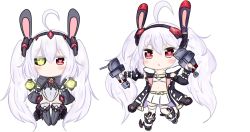 Rule 34 | 2girls, :&lt;, absurdly long hair, ahoge, alternate costume, animal ears, azur lane, bailingxiao jiu, black footwear, black hairband, black jacket, blush, boots, cannon, chibi, closed mouth, collarbone, commentary request, detached sleeves, dual persona, green eyes, hair between eyes, hairband, heart, heart-shaped pupils, heterochromia, holding, jacket, knee boots, laffey (azur lane), laffey (retrofit) (azur lane), leotard, long hair, long sleeves, looking at viewer, multiple girls, navel, open clothes, open jacket, parted lips, pleated skirt, puffy long sleeves, puffy sleeves, rabbit ears, red eyes, searchlight, sidelocks, silver hair, simple background, skirt, sleeveless, sleeveless jacket, sleeves past fingers, sleeves past wrists, standing, standing on one leg, symbol-shaped pupils, thighhighs, thighhighs under boots, turret, twintails, very long hair, white background, white legwear, white leotard, white skirt, wide sleeves