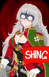 Rule 34 | artist request, azur lane, braid, breasts, cape, cleavage, english text, epaulettes, gloves, green cape, grey hair, highres, long hair, looking at viewer, medallion, parted lips, shaded eyes, shaded face, sheath, strap, sword, teeth, threatening, unsheathing, vittorio veneto (azur lane), weapon