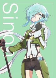 Rule 34 | 1girl, aqua background, aqua eyes, aqua hair, belt, breasts, character name, closed mouth, clothing cutout, commentary request, cowboy shot, cropped jacket, eyes visible through hair, fingerless gloves, gloves, gun, hair ornament, hairclip, highres, jacket, long sleeves, looking afar, rifle, scarf, short hair, short shorts, shorts, side cutout, sinon, small breasts, sniper rifle, solo, standing, sword art online, tama (tama-s), teal background, weapon