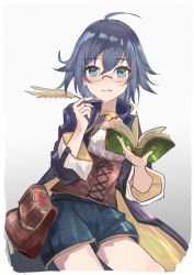 Rule 34 | 1girl, absurdres, ahoge, black hair, blue coat, blue eyes, blue shorts, book, closed mouth, coat, fu hua, highres, hinoa (hinoa1113), holding, holding book, holding quill, honkai (series), honkai impact 3rd, long hair, looking at viewer, quill, shorts, smile