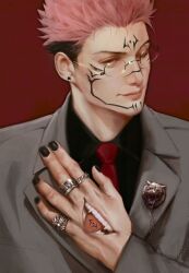 Rule 34 | 1boy, black nails, black shirt, closed mouth, collared shirt, eulbhitomi, extra eyes, extra tongue, facial mark, glasses, grey jacket, highres, jacket, jewelry, jujutsu kaisen, looking at viewer, male focus, multiple rings, necktie, pink hair, red background, red eyes, ring, ryoumen sukuna (jujutsu kaisen), shirt, short hair, simple background, solo