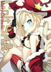 Rule 34 | 1girl, antlers, bikini, bikini top only, black bikini, blonde hair, blue eyes, blush, breasts, christmas, colt revolver (girls&#039; frontline), colt revolver (wish upon a star) (girls&#039; frontline), commentary request, cowboy hat, crossed legs, drill hair, facial mark, fur-trimmed gloves, fur-trimmed jacket, fur-trimmed skirt, fur collar, fur trim, garter straps, girls&#039; frontline, gloves, gun, hair ornament, hand up, handgun, hat, head tilt, highres, holding, holding gun, holding weapon, horns, hugging object, jacket, long hair, looking at viewer, looking to the side, merry christmas, off shoulder, official alternate costume, parted lips, pom pom (clothes), red gloves, red hat, red jacket, red skirt, red thighhighs, revolver, single thighhigh, sitting, skirt, small breasts, solo, star (symbol), star print, striped clothes, striped thighhighs, swimsuit, thighhighs, trigger discipline, tuchinokoeffect, twin drills, twintails, vertical-striped clothes, vertical-striped thighhighs, very long hair, weapon, weapon request