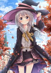 Rule 34 | 1girl, absurdres, arm up, autumn leaves, black hat, black robe, black skirt, blue eyes, blurry, blurry background, blush, bow, broom, brown bow, building, center frills, closed mouth, collared shirt, commentary request, day, depth of field, elaina (majo no tabitabi), frilled skirt, frills, hair between eyes, hand on headwear, hat, highres, holding, holding broom, hood, hood down, hooded robe, long sleeves, majo no tabitabi, open clothes, open robe, outdoors, pleated skirt, robe, shirt, skirt, smile, solo, standing, uneune, white shirt, wide sleeves, witch hat