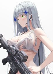 Rule 34 | 1girl, assault rifle, blunt bangs, blush, bra, breasts, cleavage, closed mouth, covered erect nipples, cross hair ornament, from side, girls&#039; frontline, green eyes, gun, h&amp;k hk416, hair ornament, headset, highres, hk416 (girls&#039; frontline), holding, holding gun, holding weapon, id card, keenh, large breasts, leupold optics, long hair, looking ahead, rifle, scope, sideboob, silver hair, solo, straight hair, strap, torn bra, torn clothes, underwear, upper body, very long hair, weapon, white bra
