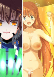 Rule 34 | 2girls, absurdres, against glass, blue eyes, blush, breast press, breasts, breasts on glass, brown hair, endori, hair ornament, highres, large breasts, long hair, looking at viewer, lyrical nanoha, mahou shoujo lyrical nanoha strikers, multiple girls, navel, nipples, nude, numbers&#039; uniform, open mouth, short hair, smile, stasis tank, takamachi nanoha, x hair ornament, yagami hayate, yellow eyes